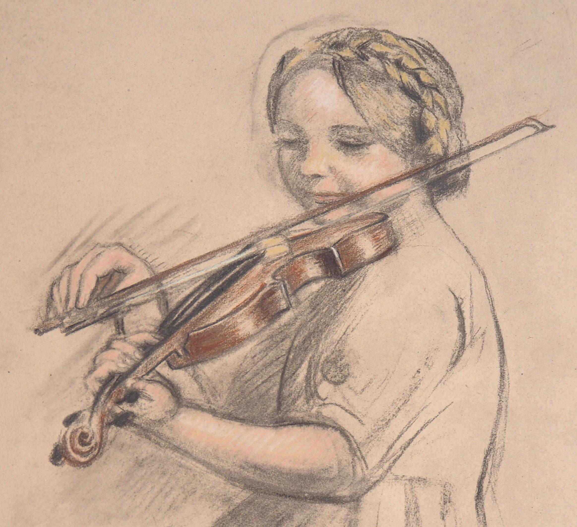 Música : Violinista - Litografía, 1918 - Figurative Print Beige de Maurice Denis