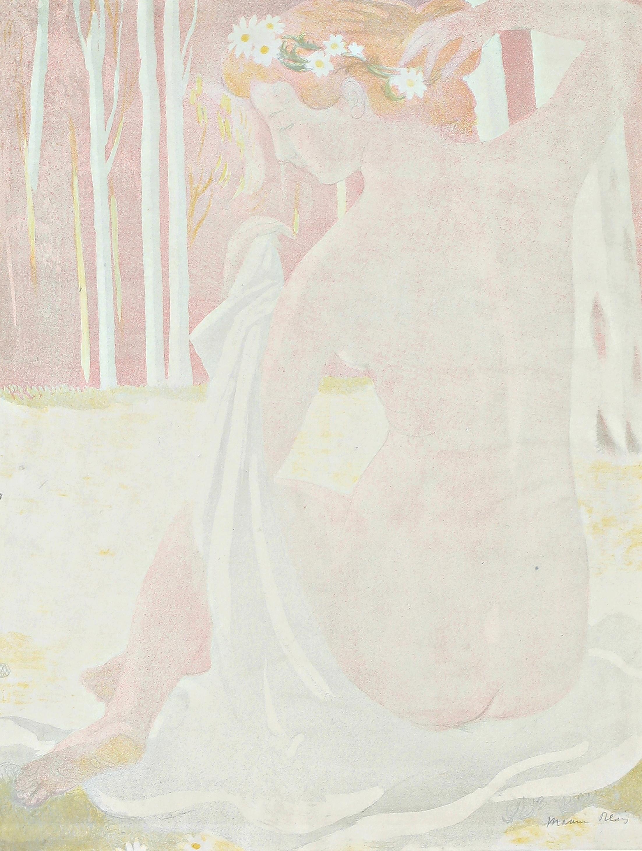 Nymphe couronne de Pasquerettes, 1899, Lithographie en couleur rose, signée, Nabis - Print de Maurice Denis
