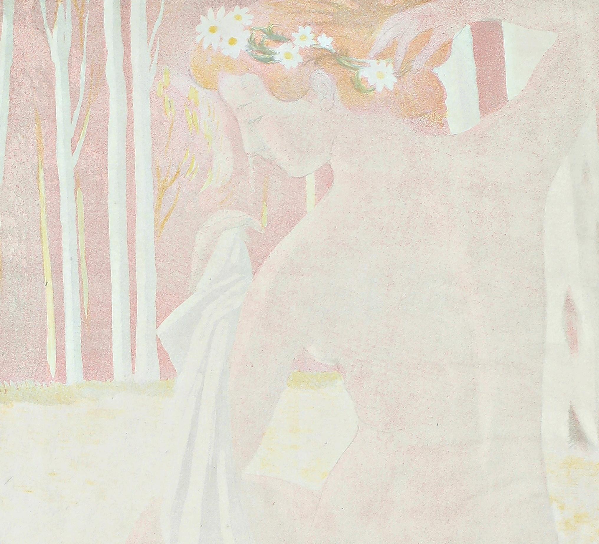 Nymphe couronne de Pasquerettes, 1899, Lithographie en couleur rose, signée, Nabis - Beige Nude Print par Maurice Denis