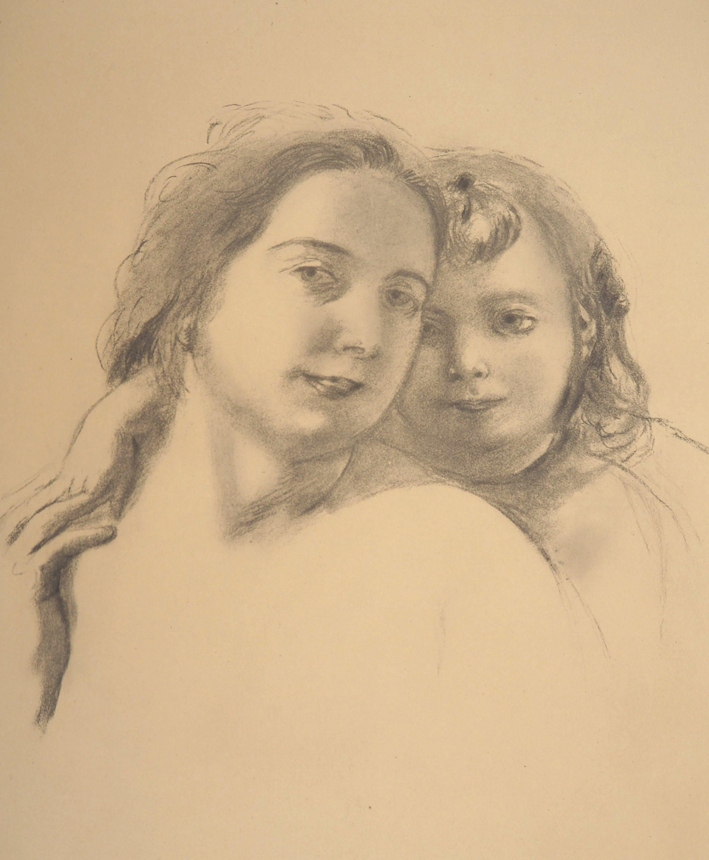 Retrato de madre e hija - Litografía - Figurative Print Beige de Maurice Denis