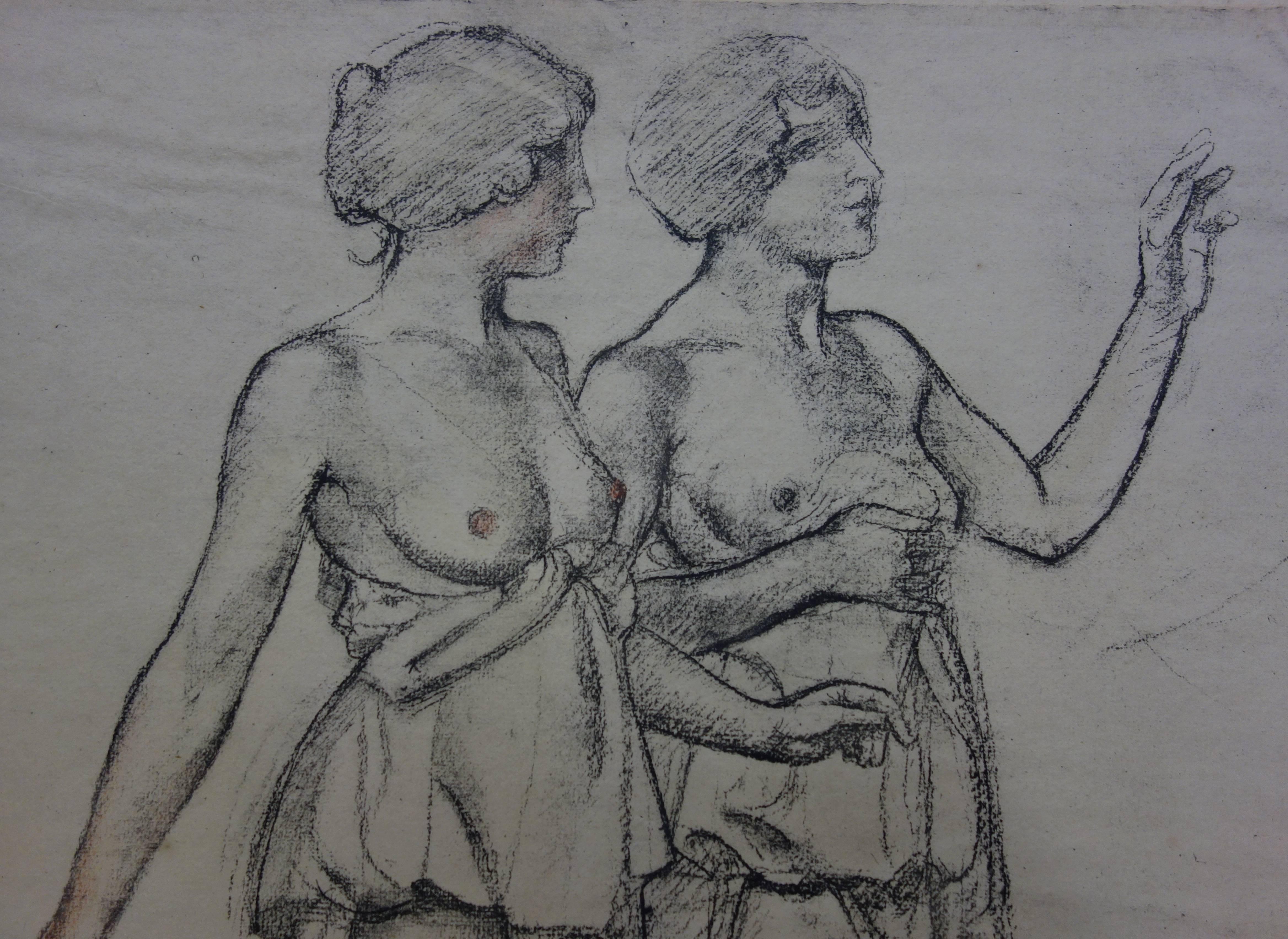 Deux nus marchant - Lithographie originale, 1918 - Gris Figurative Print par Maurice Denis
