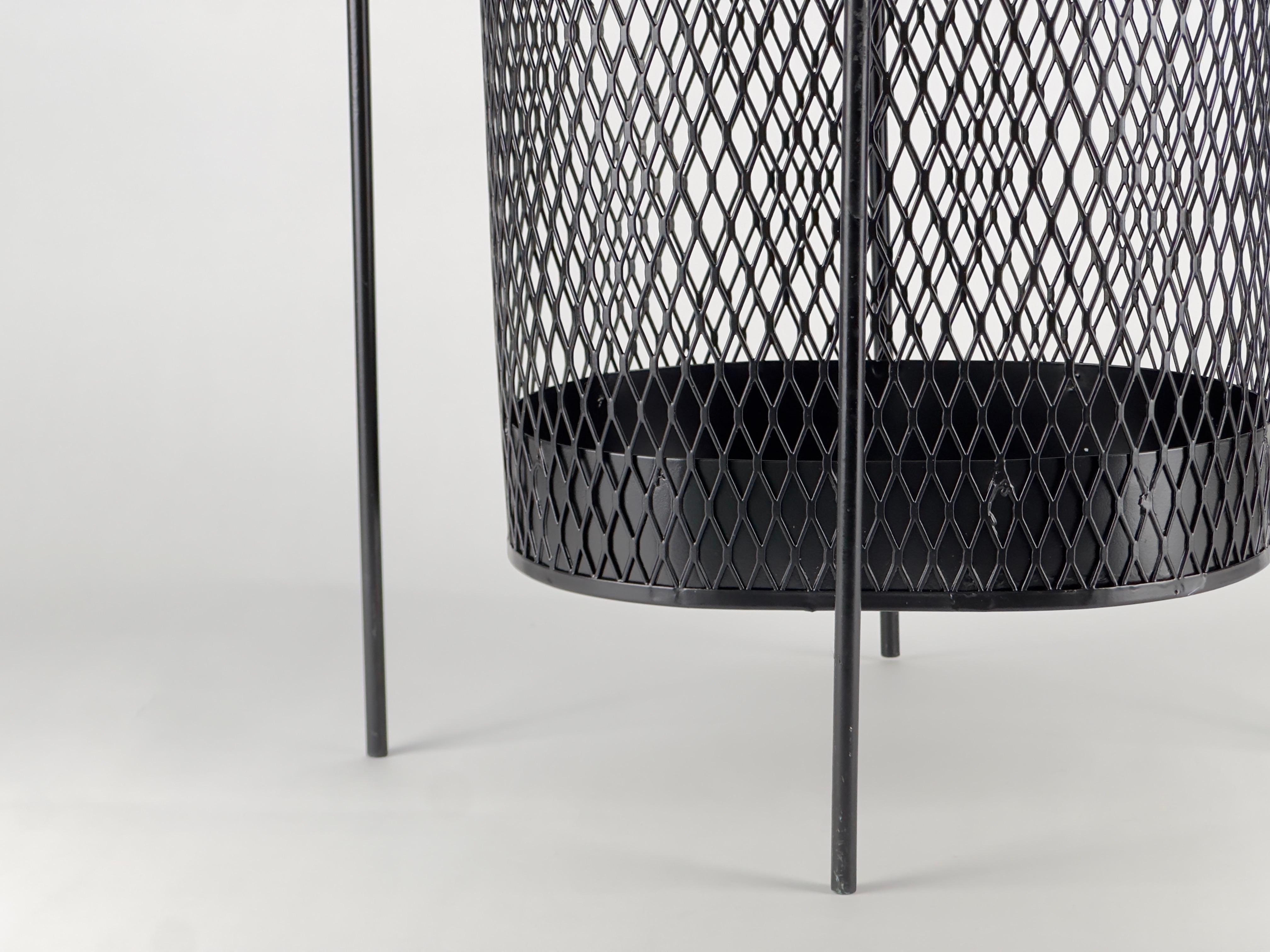 Architectural Iron waste basket done in iron & expended metal. Structurally strong & refinished in satin black. 