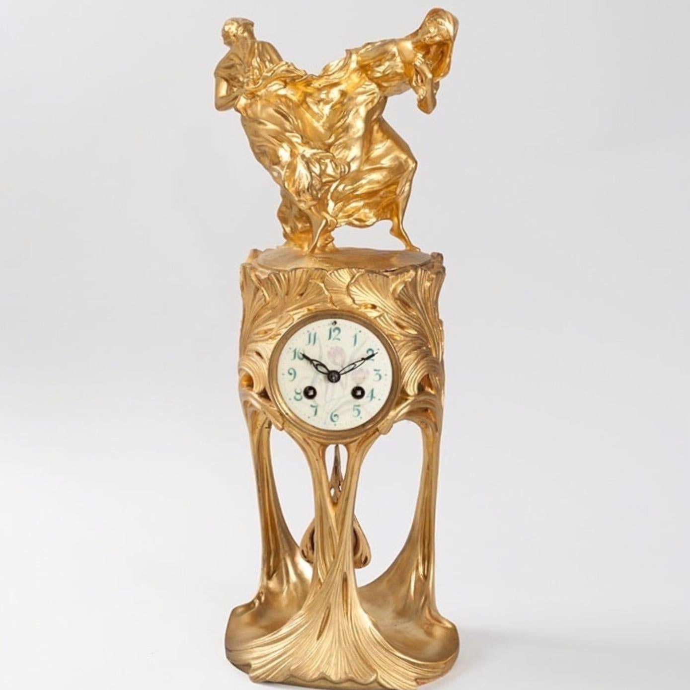 Maurice Dufrêne and Félix Voulot Gilt Bronze Art Nouveau Clock In Excellent Condition In Dallas, TX