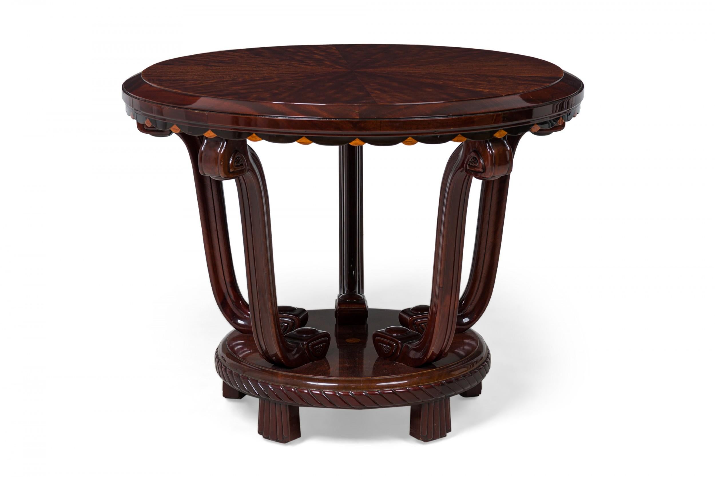 Carved Maurice Dufrene French Late Art Deco Palisander Inlaid Center / Side Table