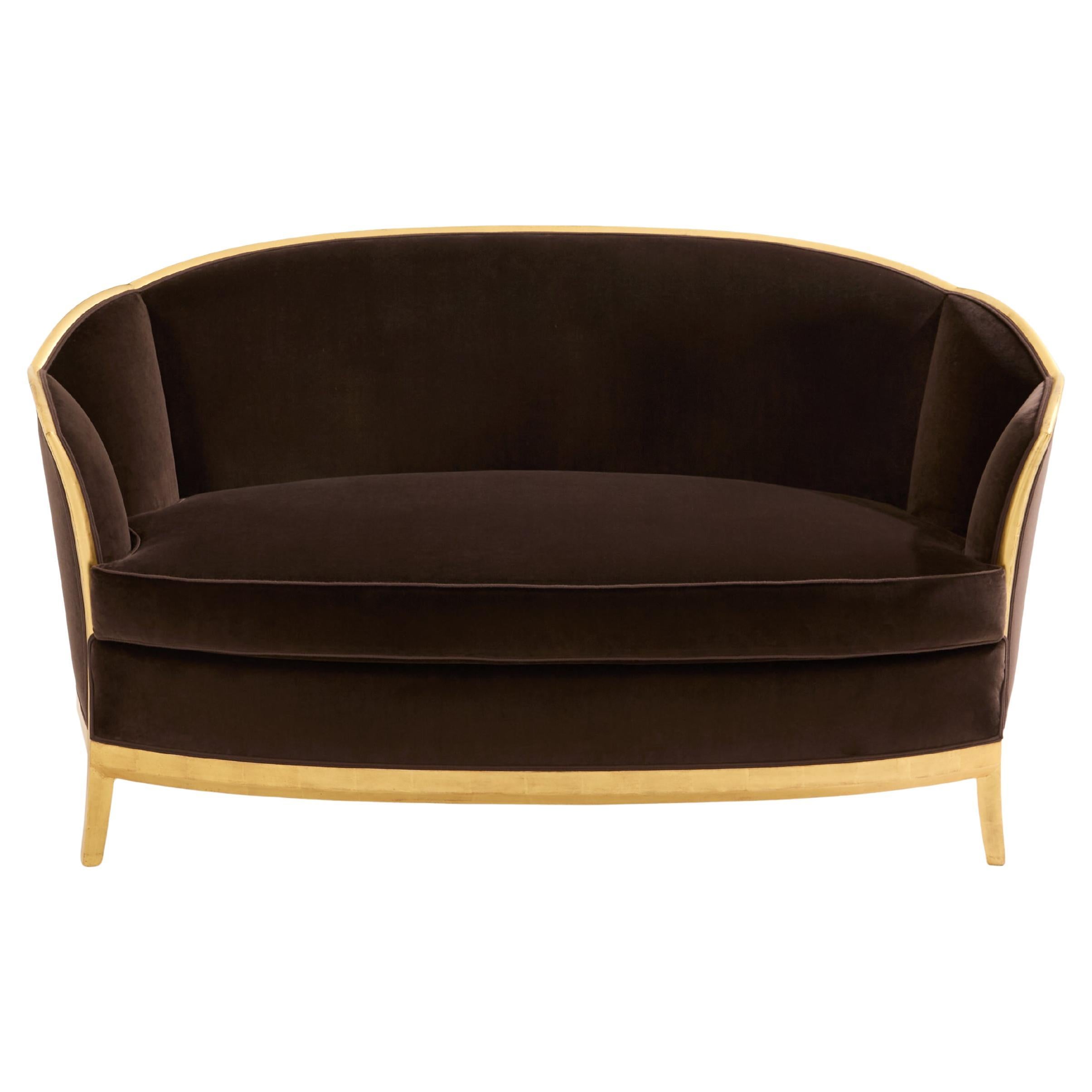 Divano Maurice Dufrène in velluto marrone dorato del 1925 circa