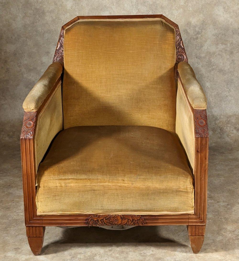 Art déco Paire de fauteuils club d'inspiration cubiste Maurice Dufrene en vente