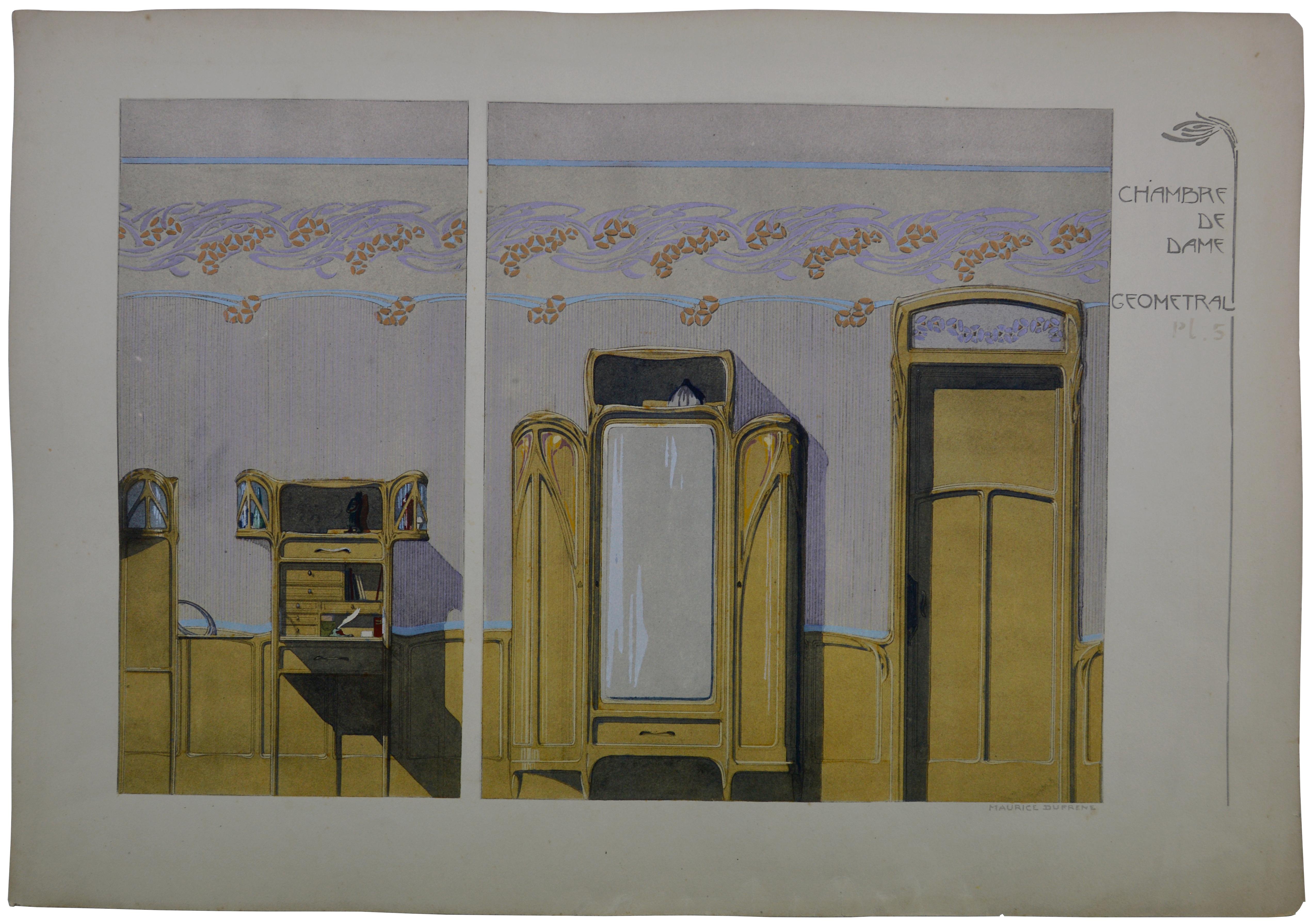 Schlafzimmer einer Dame, Satz von 4 Lithographien, 1906 – Print von Maurice Dufrêne