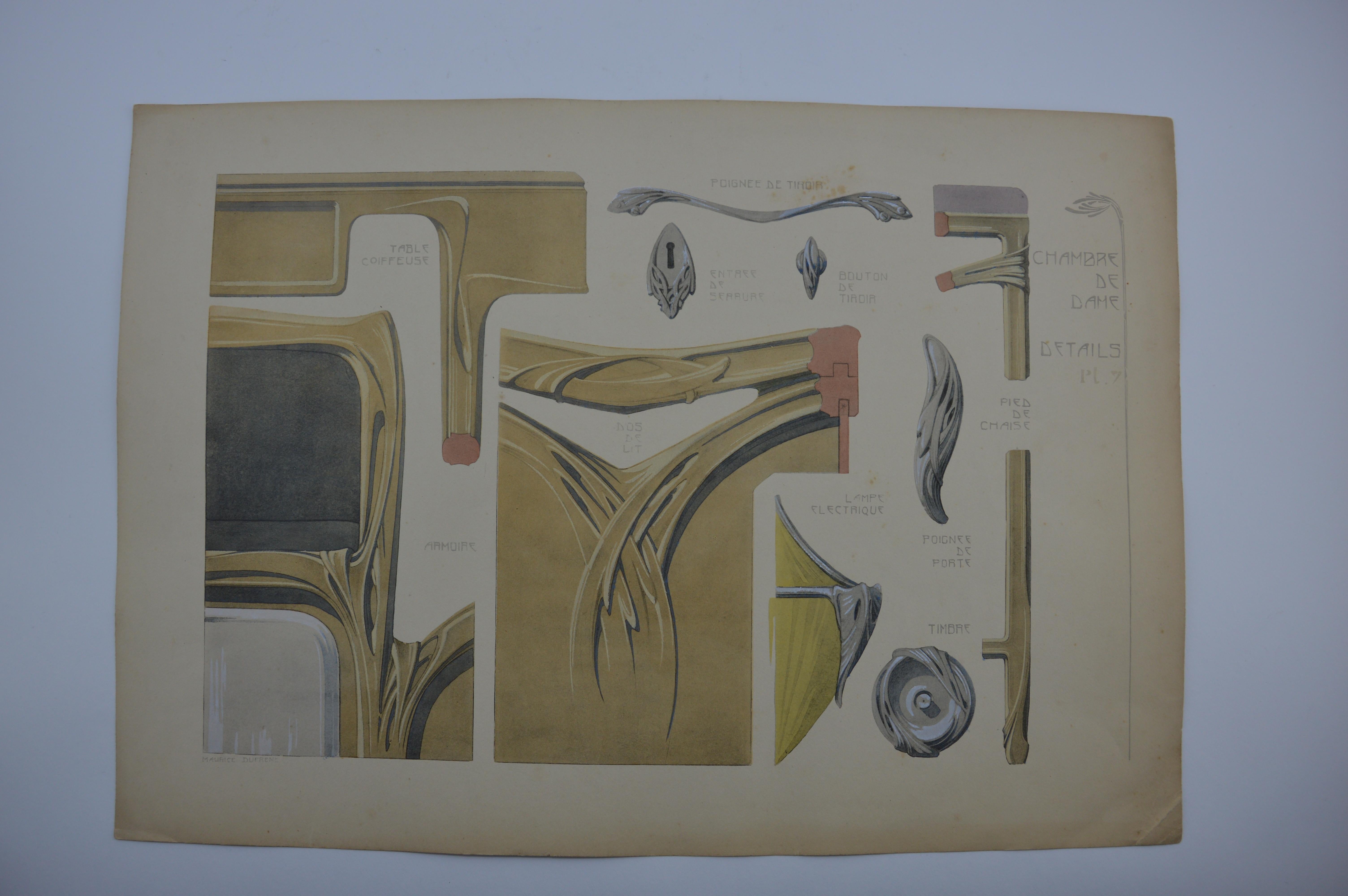 Set of four lithographs enhanced with gouache by Maurice Dufrene. Four original plans from 