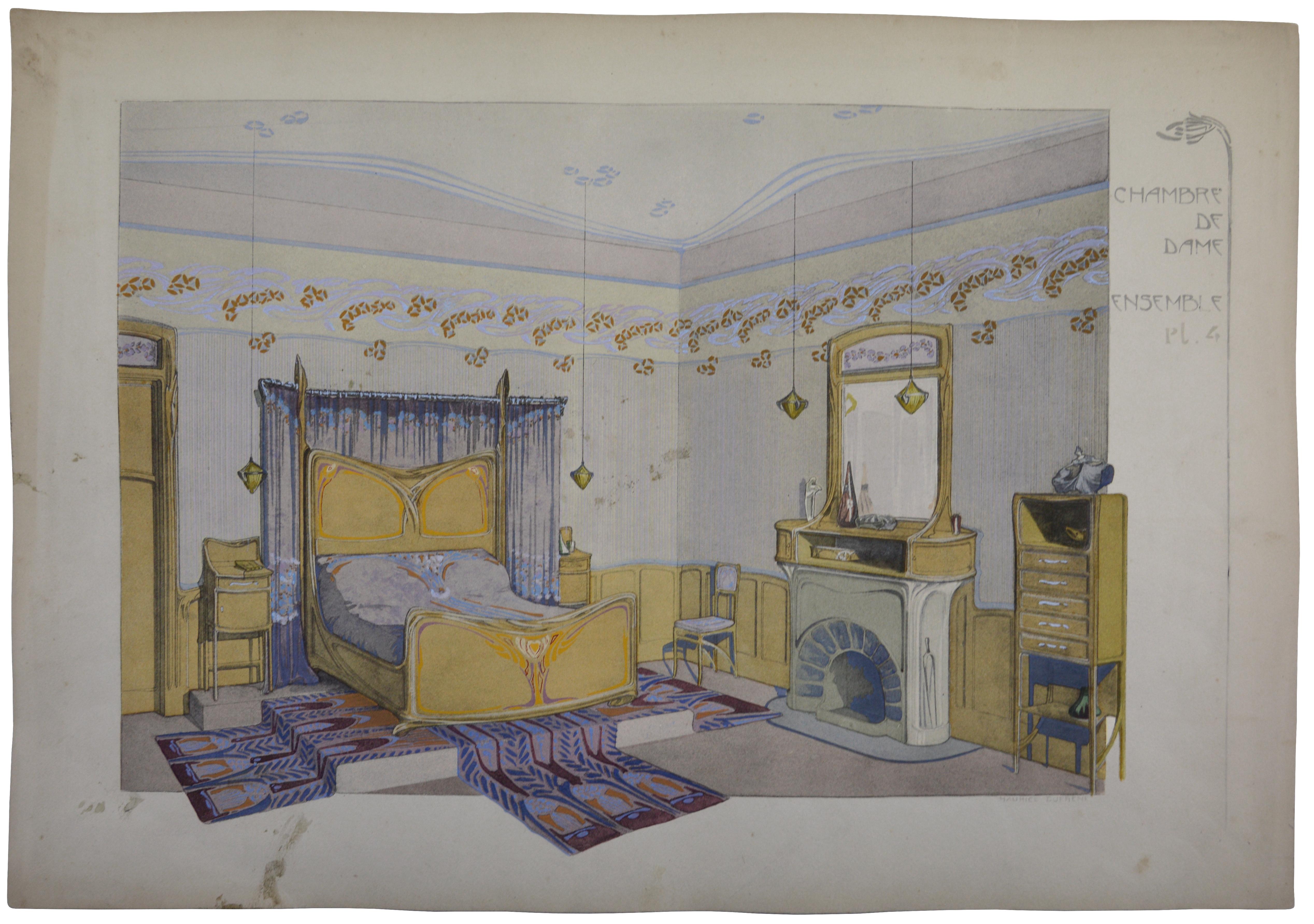 Maurice Dufrêne Interior Print - Lady's Bedroom, Set of 4 Lithographs, 1906