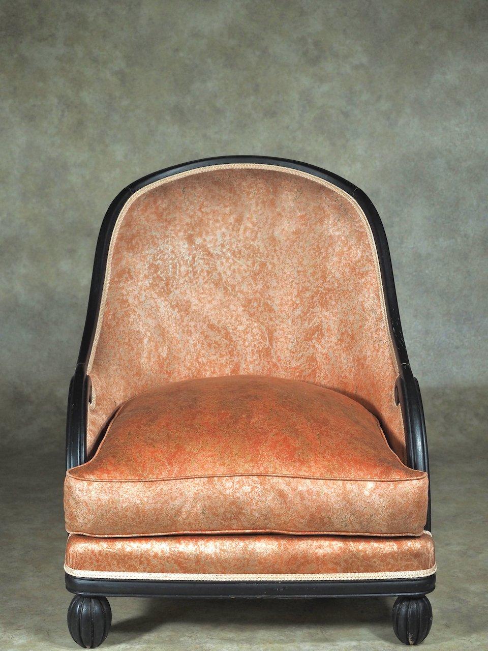 Classic French Art Deco swooping round-backed club/arm/relaxing chair by Maurice Dufrene, circa 1925. 25” wide x 29” deep x 32” high.

MAURICE DUFRENE

(1876 - 1955)
One of the premiere French designers of the 20th Century, Maurice Dufrene was