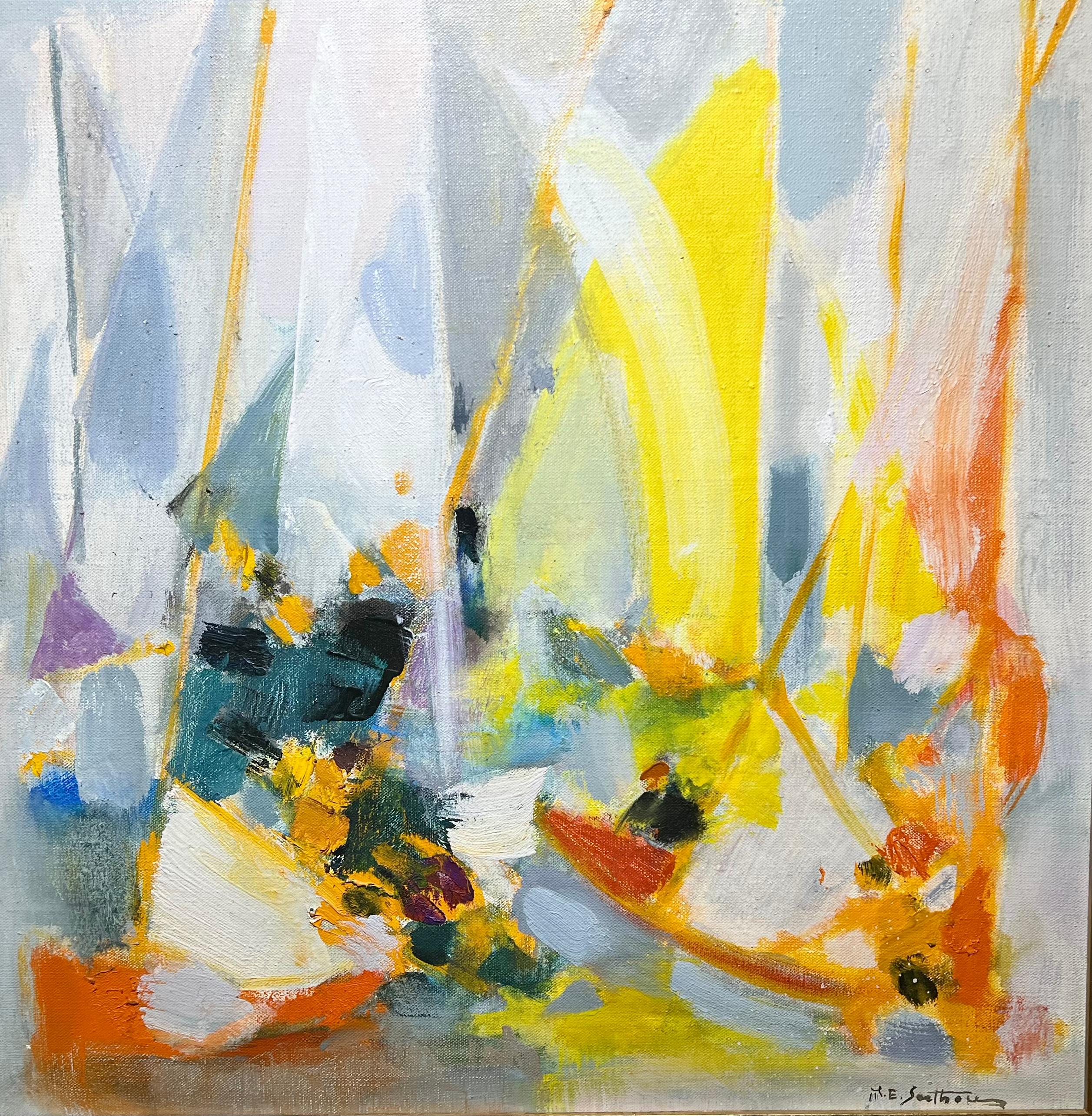 Französisches farbenfrohes Gemälde des abstrakten Expressionismus, „ Regates a La Voile Jaun“, 1966 