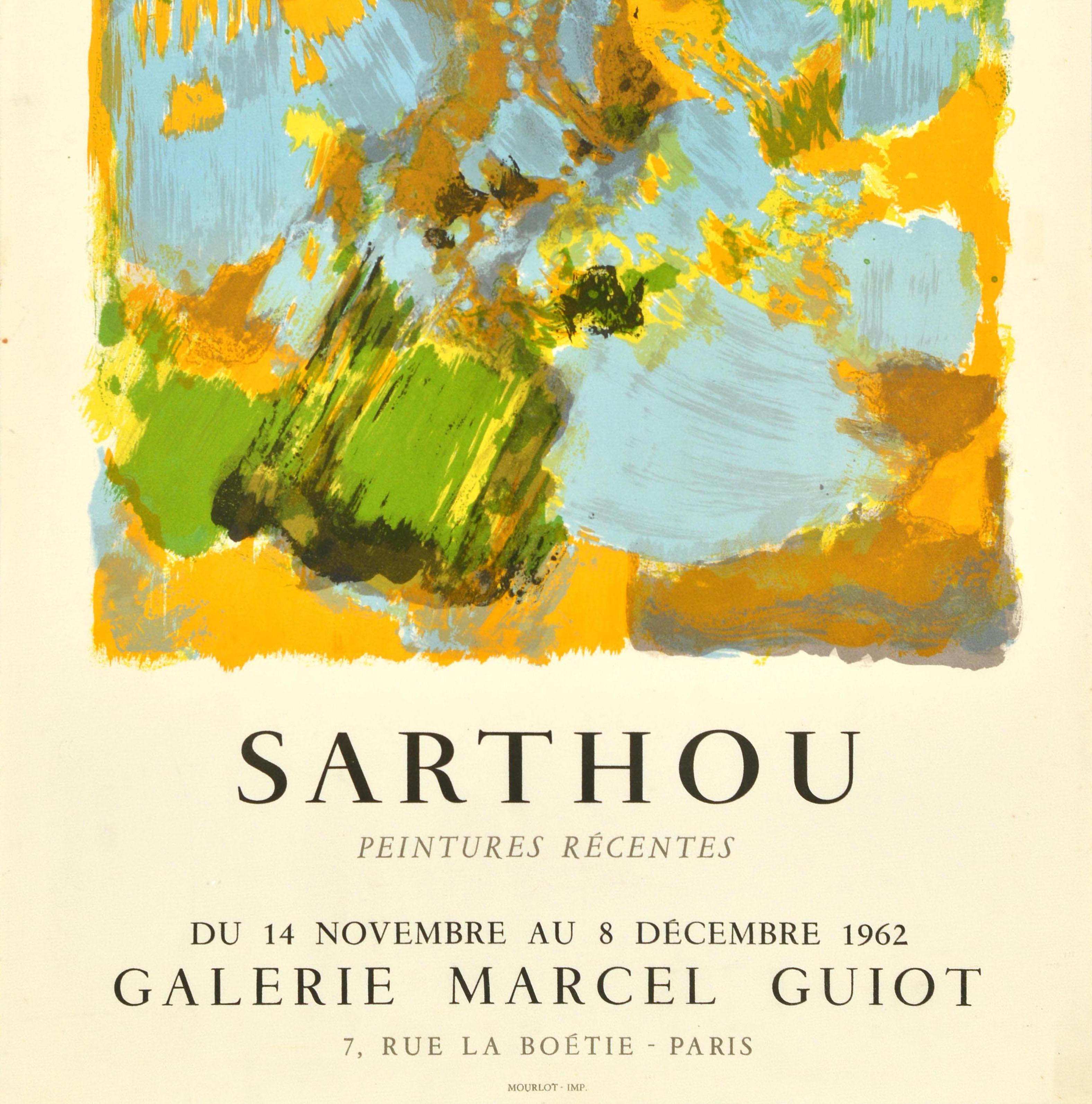 Original vintage art exhibition poster advertising Sarthou Peintures Recentes / Recent Paintings Galerie Marcel Guiot Paris held from 14 November to 8 December 1962. Colourful abstract design by the French artist Maurice Elie Sarthou (1911-1999) in