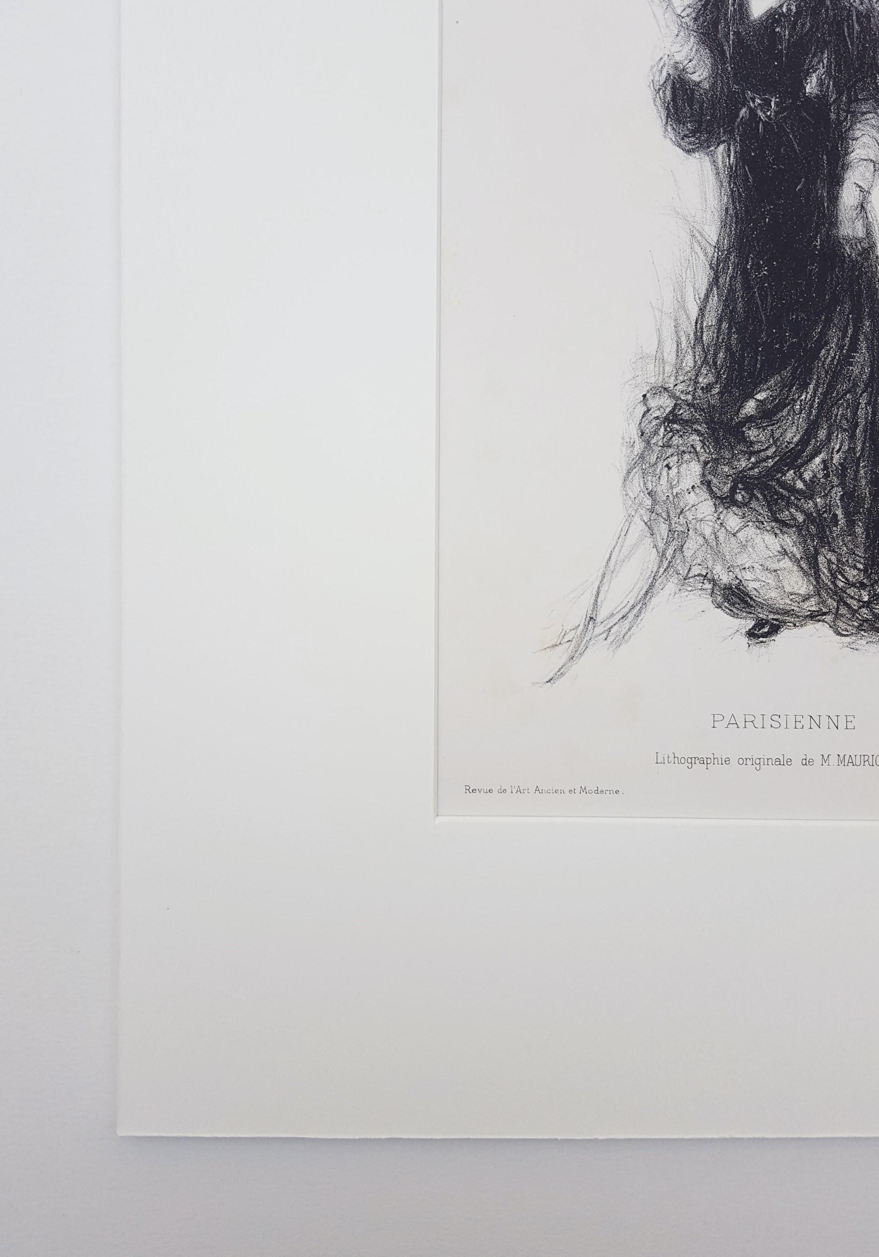 Parisienne /// Art Nouveau French Lithograph Impressionist Figurative Lady Woman - Gray Figurative Print by Maurice Eliot