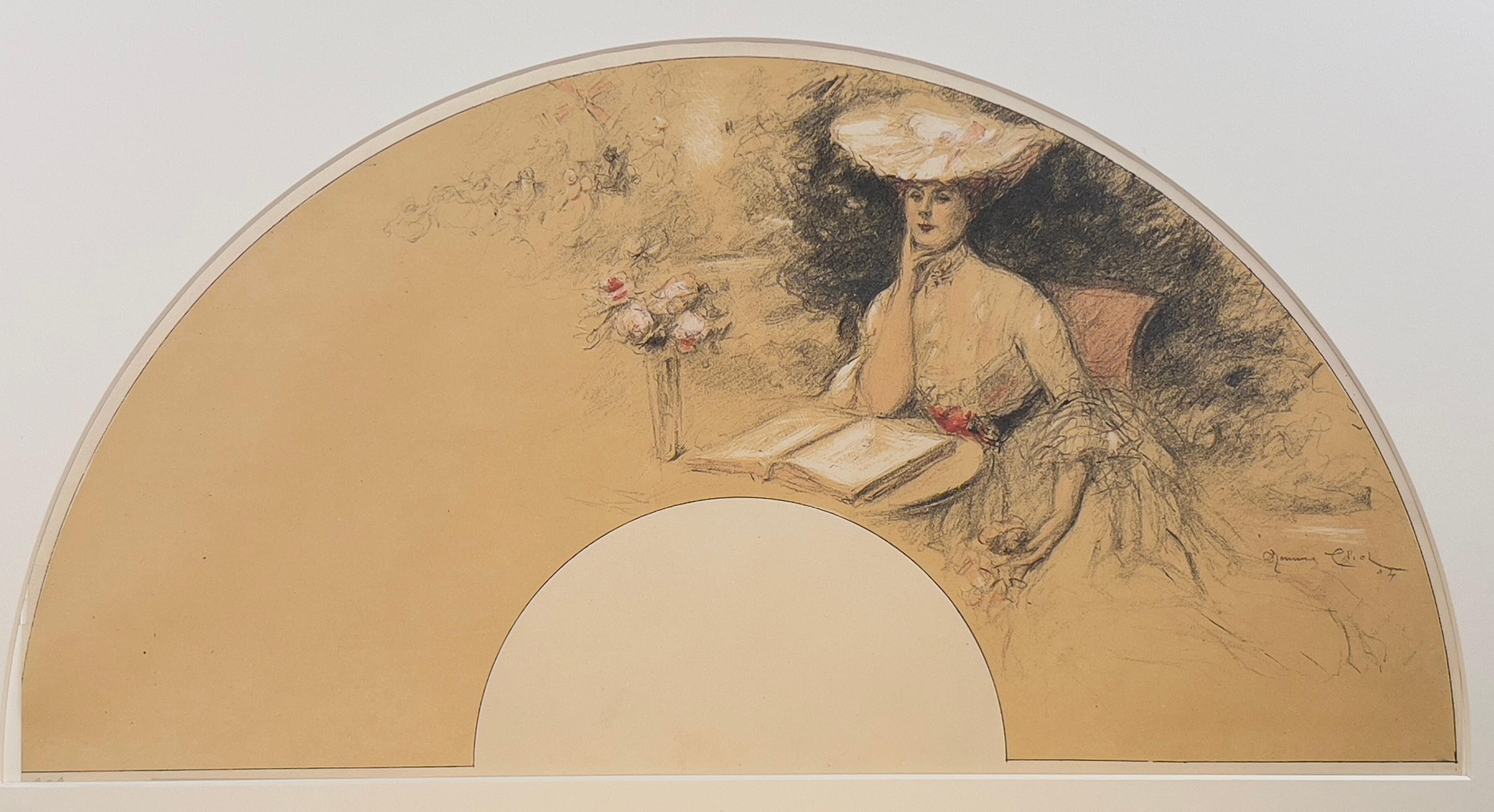 Projet d'éventail - Femme attablée à la lecture et danse devant le Moulin-Rouge - Print by Maurice Eliot
