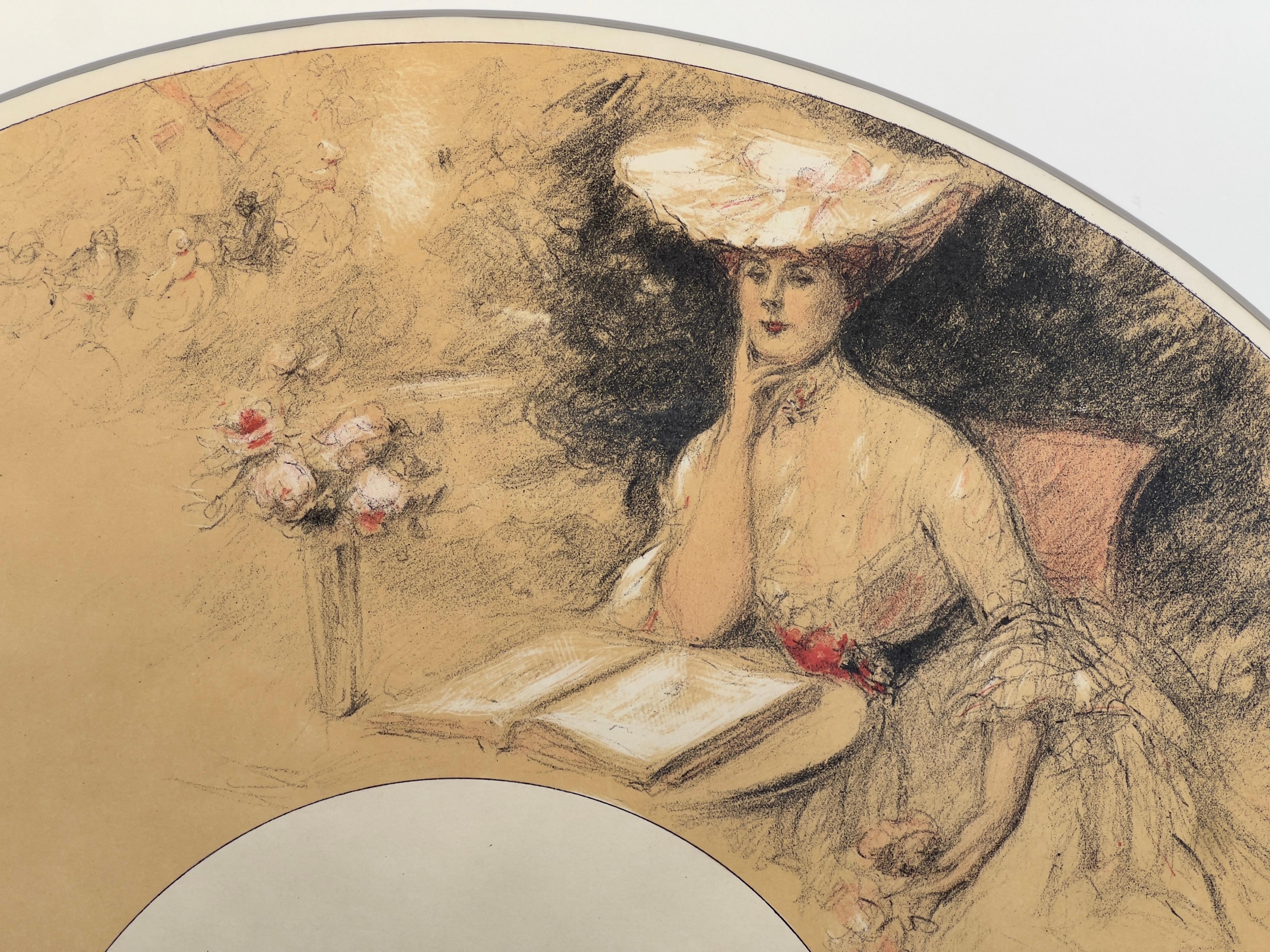Projet d'éventail - Femme attablée à la lecture et danse devant le Moulin-Rouge - Academic Print by Maurice Eliot