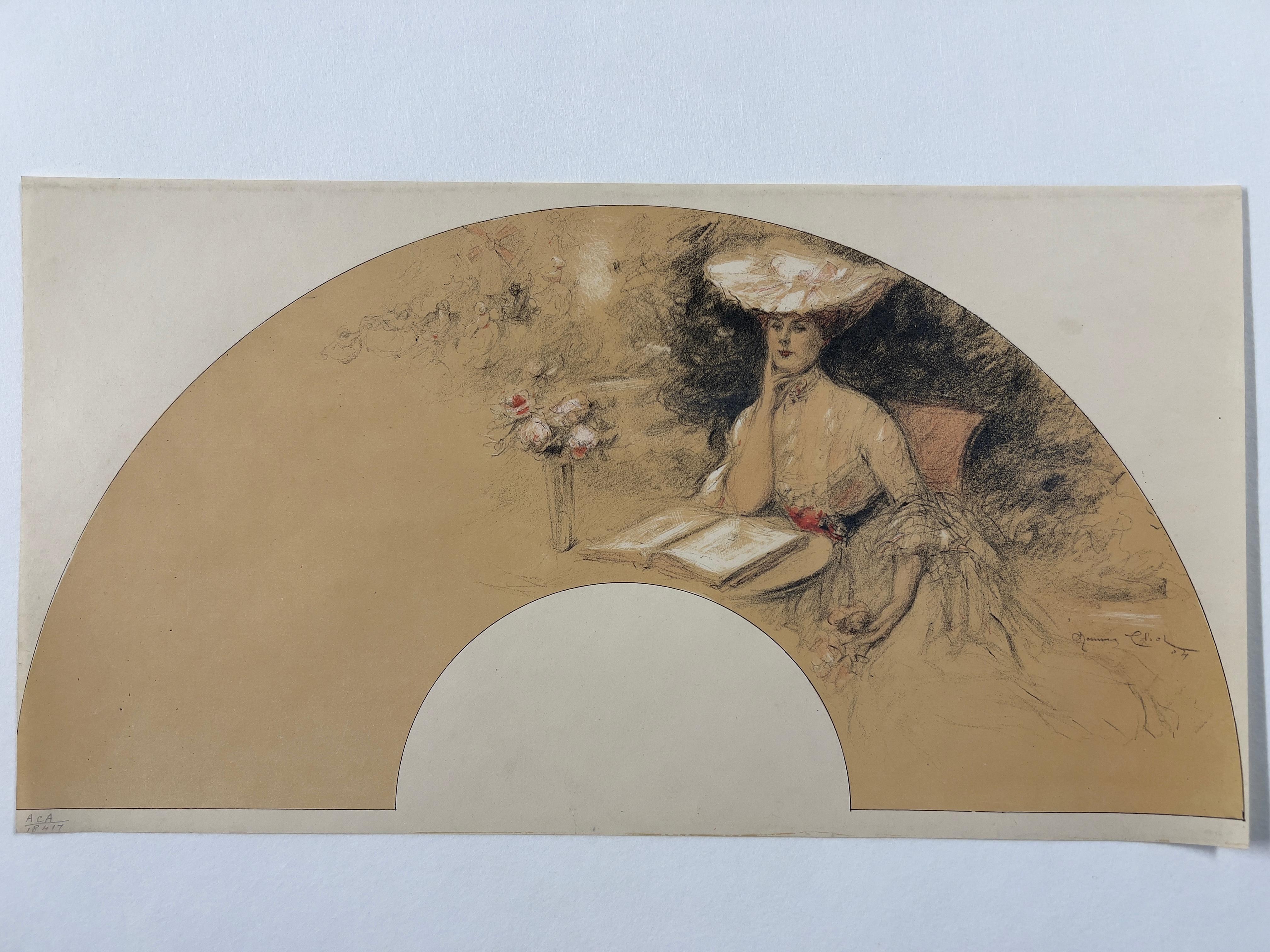 Projet d'éventail - Femme attablée à la lecture et danse devant le Moulin-Rouge - Beige Figurative Print by Maurice Eliot