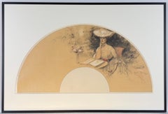 Projet d'éventail - Femme attablée à la lecture et danse devant le Moulin-Rouge