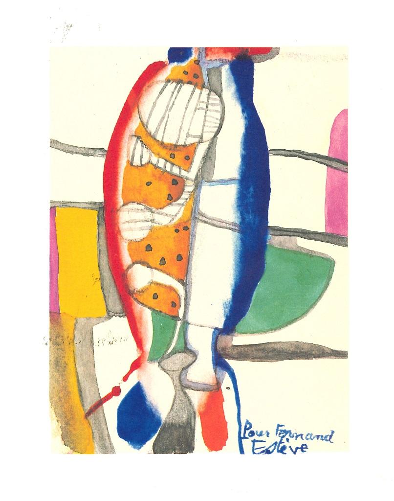 Composition is a mixed colored lithograph realized after Maurice Estève by Atelier Mourlot.

The artwork is from A même la pierre, Fernand Mourlot Lithographe, Pierre Bordas & Fils, Paris 1982.

Dedication by the artist to Mourlot printed on