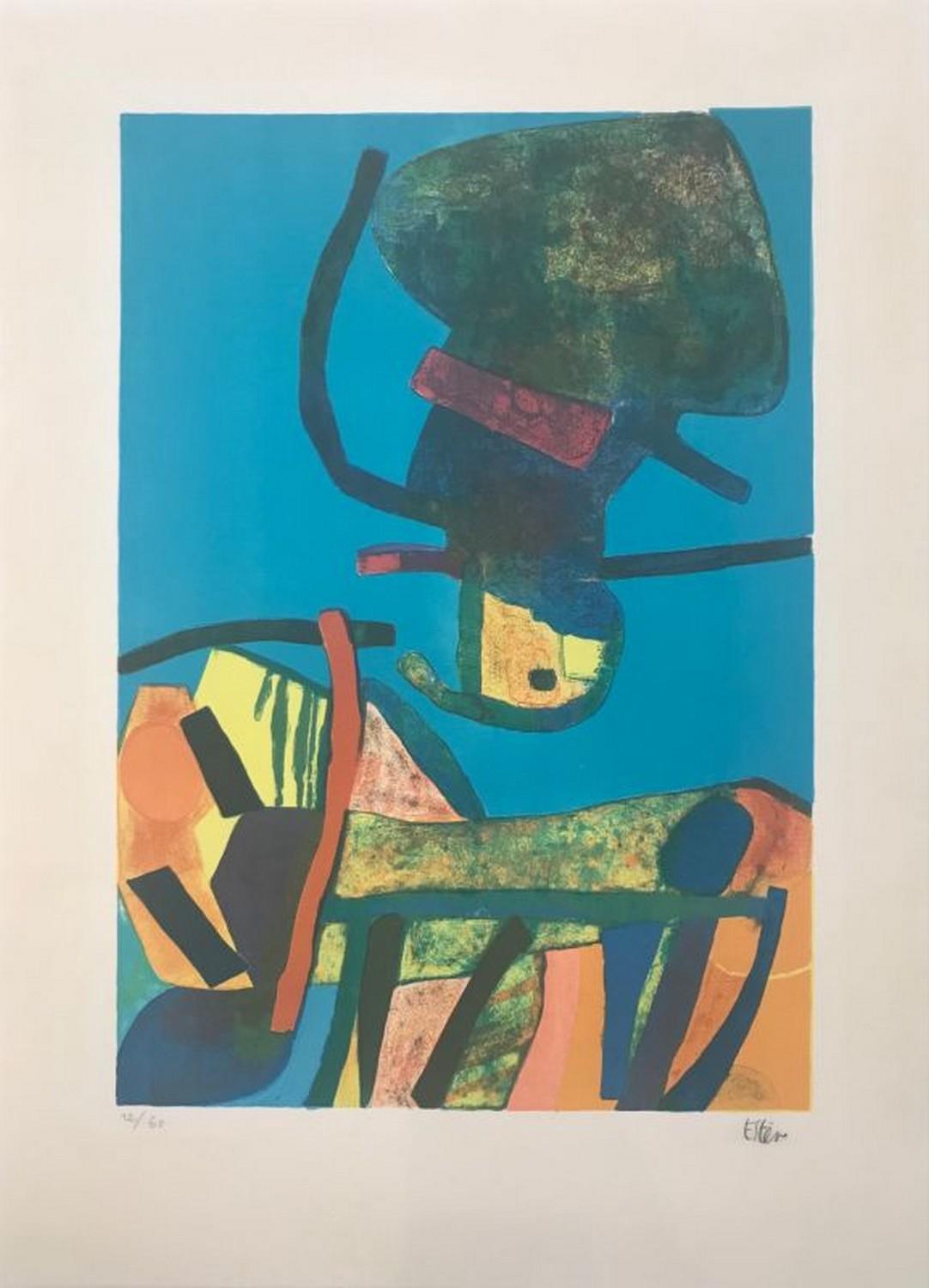 Perched high  - Blue Abstract Print by Maurice Estève