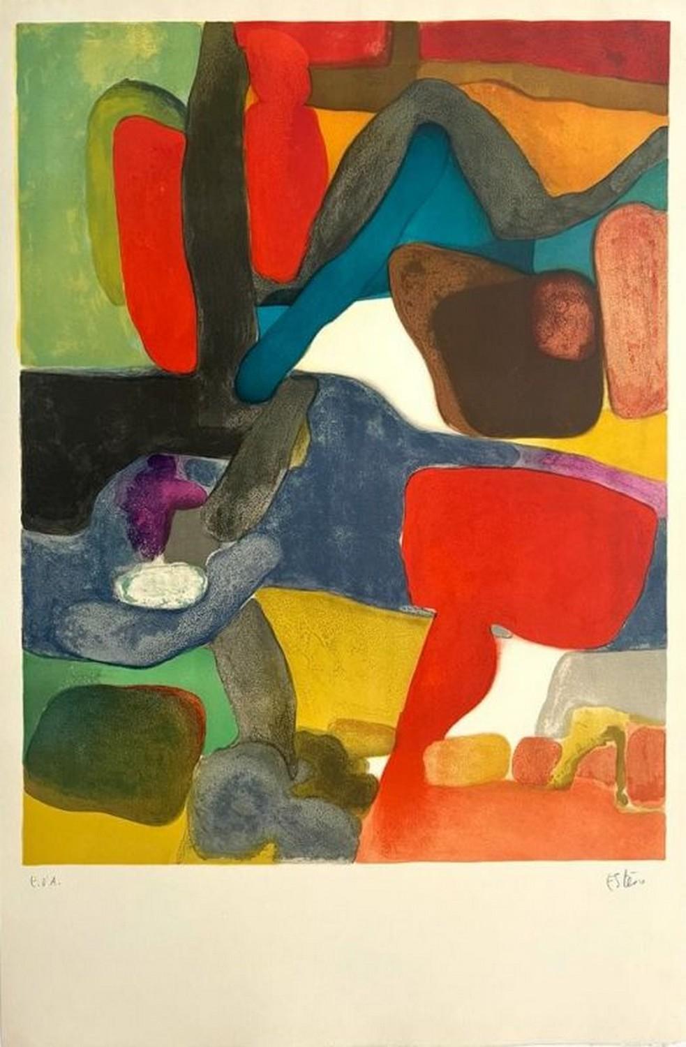 Maurice Estève Abstract Print – Rot und blau 
