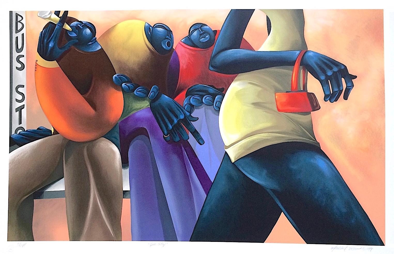 PARADA DE AUTOBÚS Litografía firmada, Hombres negros esperando, Escena urbana callejera - Print de Maurice Evans