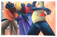 BUS STOP Signed Lithograph, Black Men Waiting, Chic Woman, Small Orange Handbag