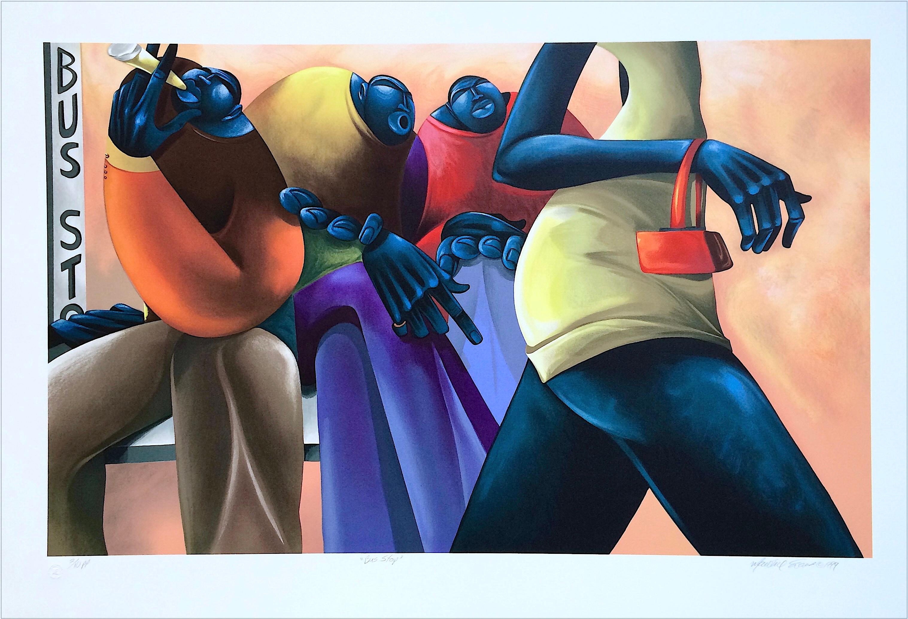 Maurice Evans Portrait Print – BUS STOP Signierte Lithographie, „Black Men Waiting“, Urban Street Scene