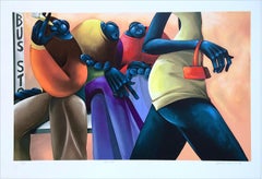 Fermata dell
autobus Litografia firmata, uomini neri in attesa, scena urbana di strada