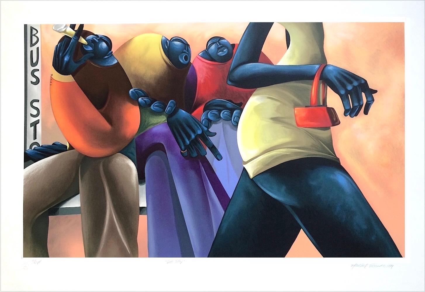 Maurice Evans Figurative Print - BUS STOP Signed Lithograph, Black Men Waiting, Urban Street Scene