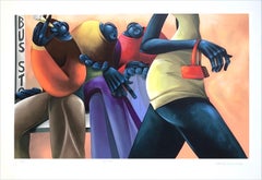 Vintage BUS STOP Signed Lithograph, Black Men Waiting, Urban Street Scene