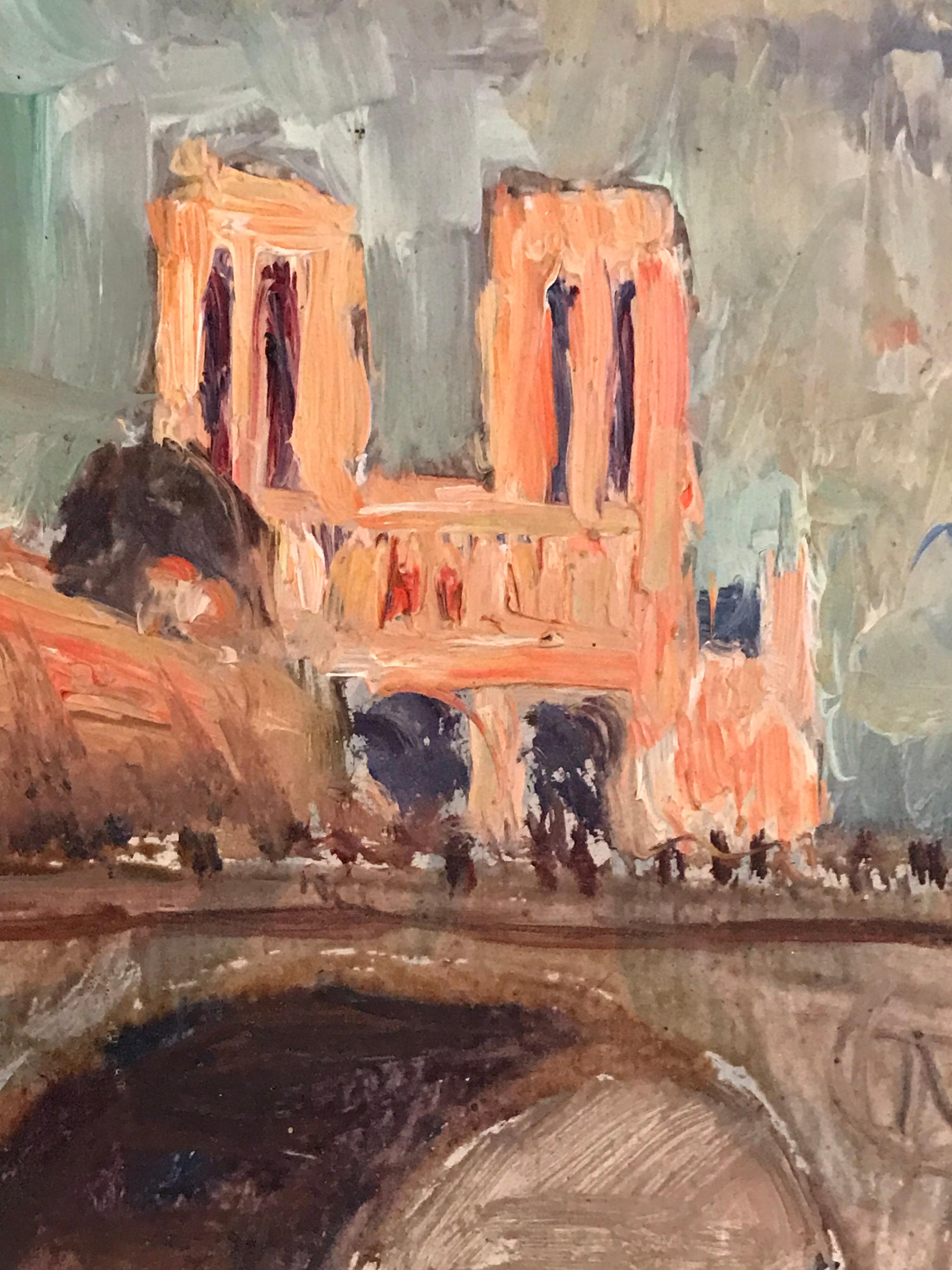 Notre Dame Paris Signed French Impressionist Mid 20th Century Oil Painting 1