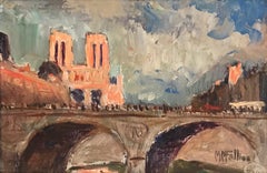 Notre Dame Paris Signed French Impressionist Mid 20th Century Oil Painting
