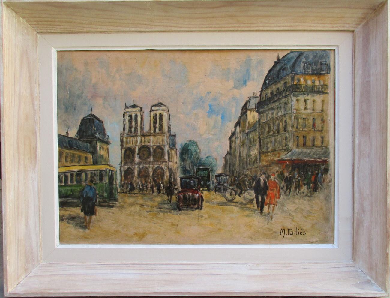 Pariser Straßenszene, Notre Dame – Painting von Maurice Falliès