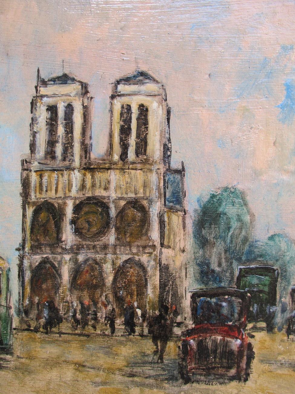 Die Kathedrale Notre Dame von Maurice Falliès (Franzose, 1883-1965), einem Künstler, der sich auf Pariser Straßenszenen spezialisiert hat. Seine Werke wurden kürzlich im Musée de l'Ile de France/Chateau de Sceaux neben denen von Caillebotte und