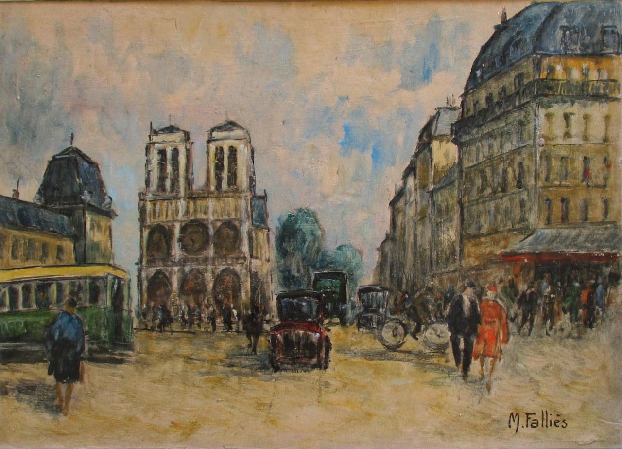 Maurice Falliès Landscape Painting – Pariser Straßenszene, Notre Dame