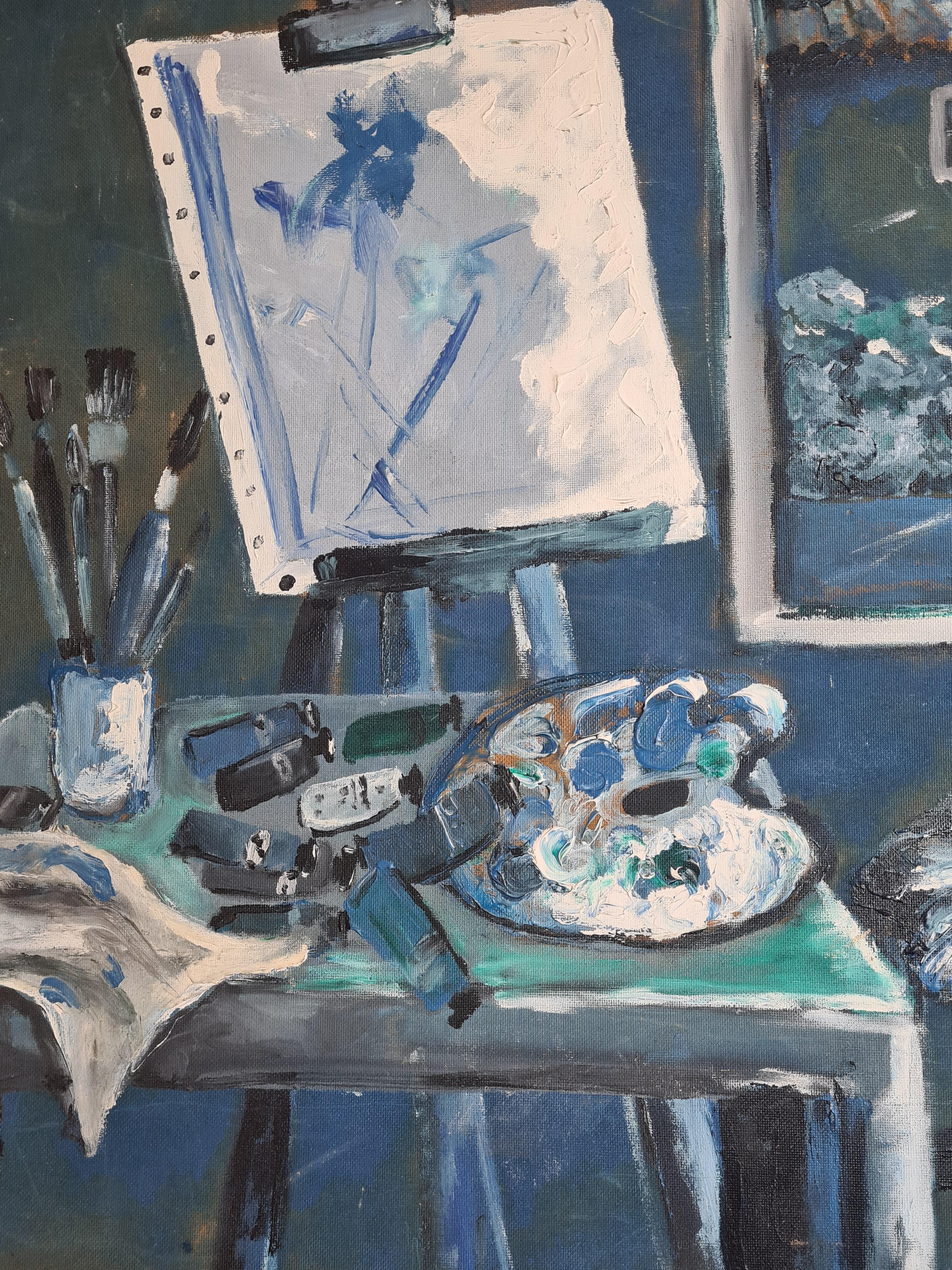 Blue, Mid Century Modern interior view of an artists atelier, oil on board, by Maurice Ferdinand Perrot. The painting is signed bottom right and presented in a plain white baton frame.

Perrot's skill in designing theatre sets and backdrops is very