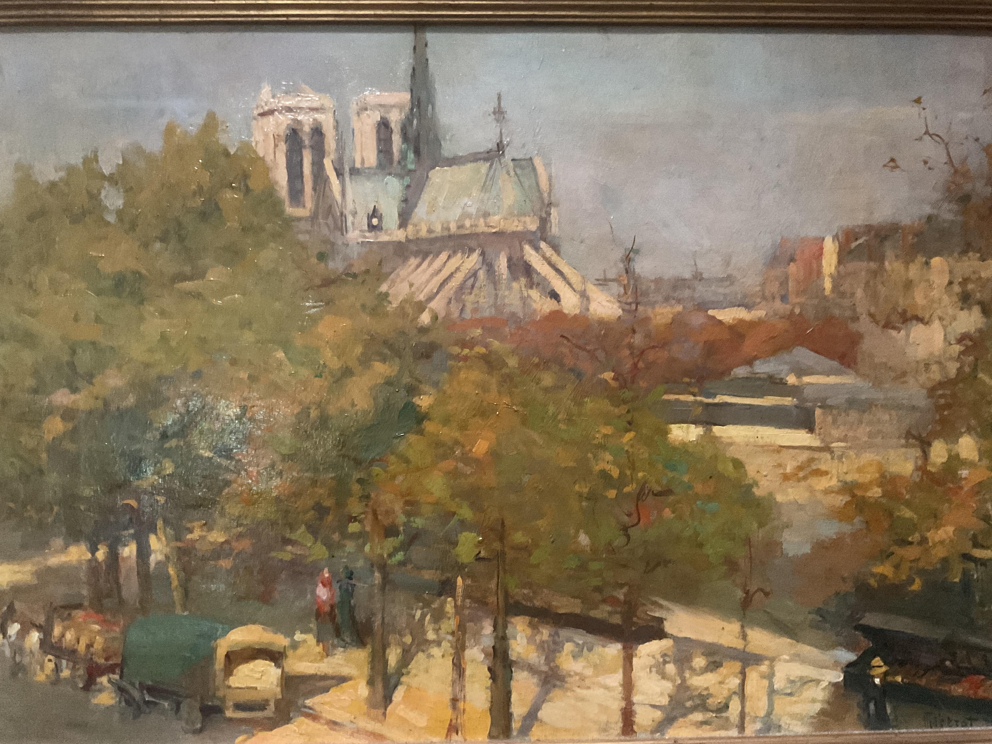 Antique Paris and Notre Dame Impressionist Oil Painting, ca 1920; Maurice Perrot - Brown Landscape Painting by Maurice Ferdinand Perrot