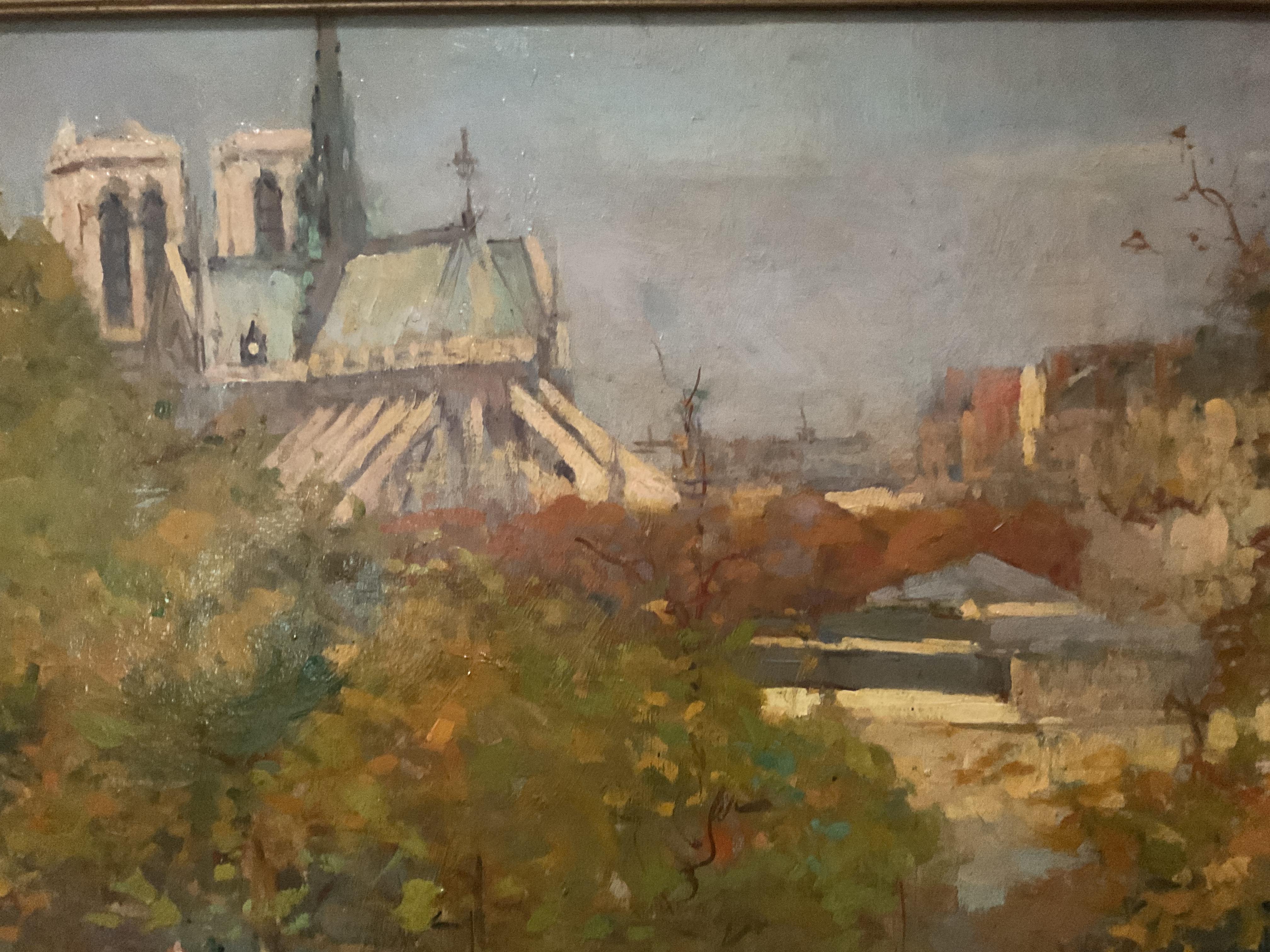 This is an early and one of the finest Parisian paintings that Maurice Ferdinand Perrot produced during his long career. The scene depicts early morning light washing the area along the Seine, the view across to Notre Dame and the edge of the Ile