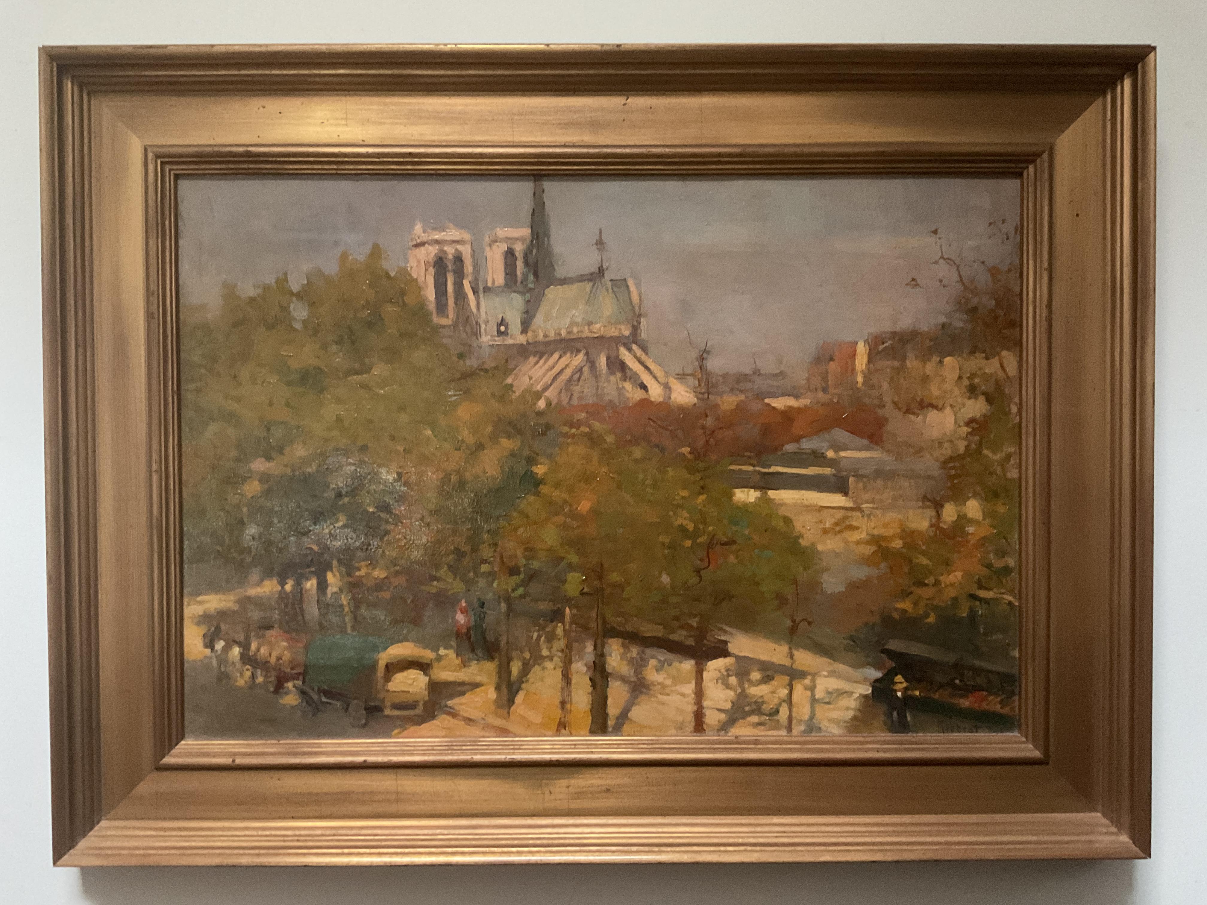 Ancienne peinture à l'huile impressionniste de Paris et Notre Dame, vers 1920 ; Maurice Perrot