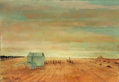 1960's French Modernist Signed Oil Orange Farm Fields Landscape