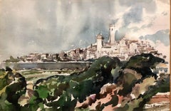 Modernist Landscape 'Portugal' Watercolor Painting