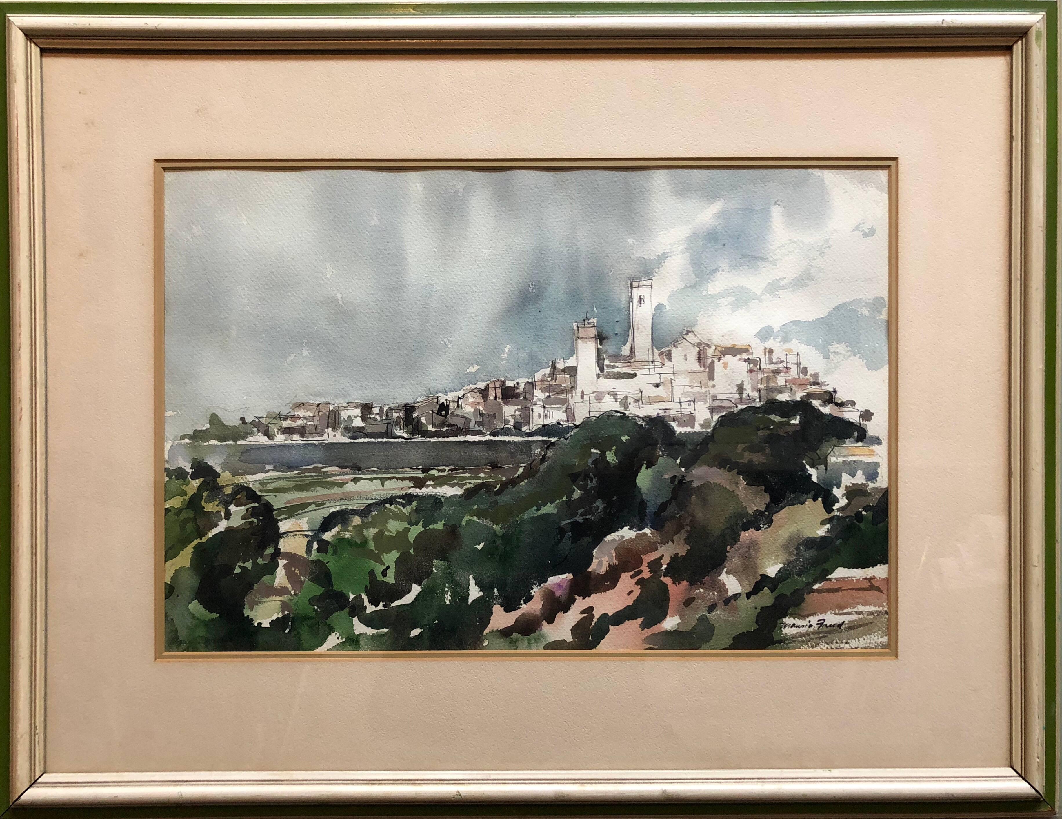 Landscape Painting Maurice Freed - Peinture à l'aquarelle Portugale de paysage moderniste  