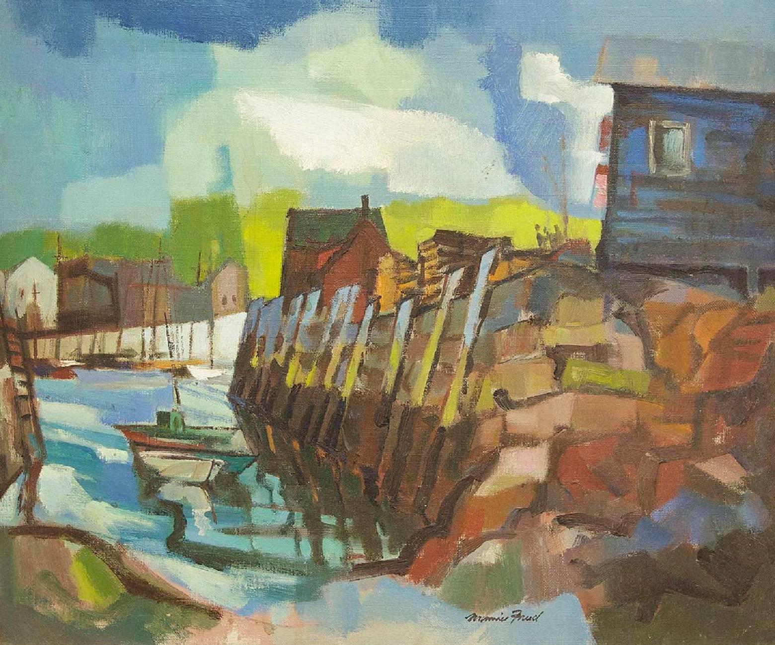Landscape Painting Maurice Freed - Paysage moderniste avec bateau de pêche
