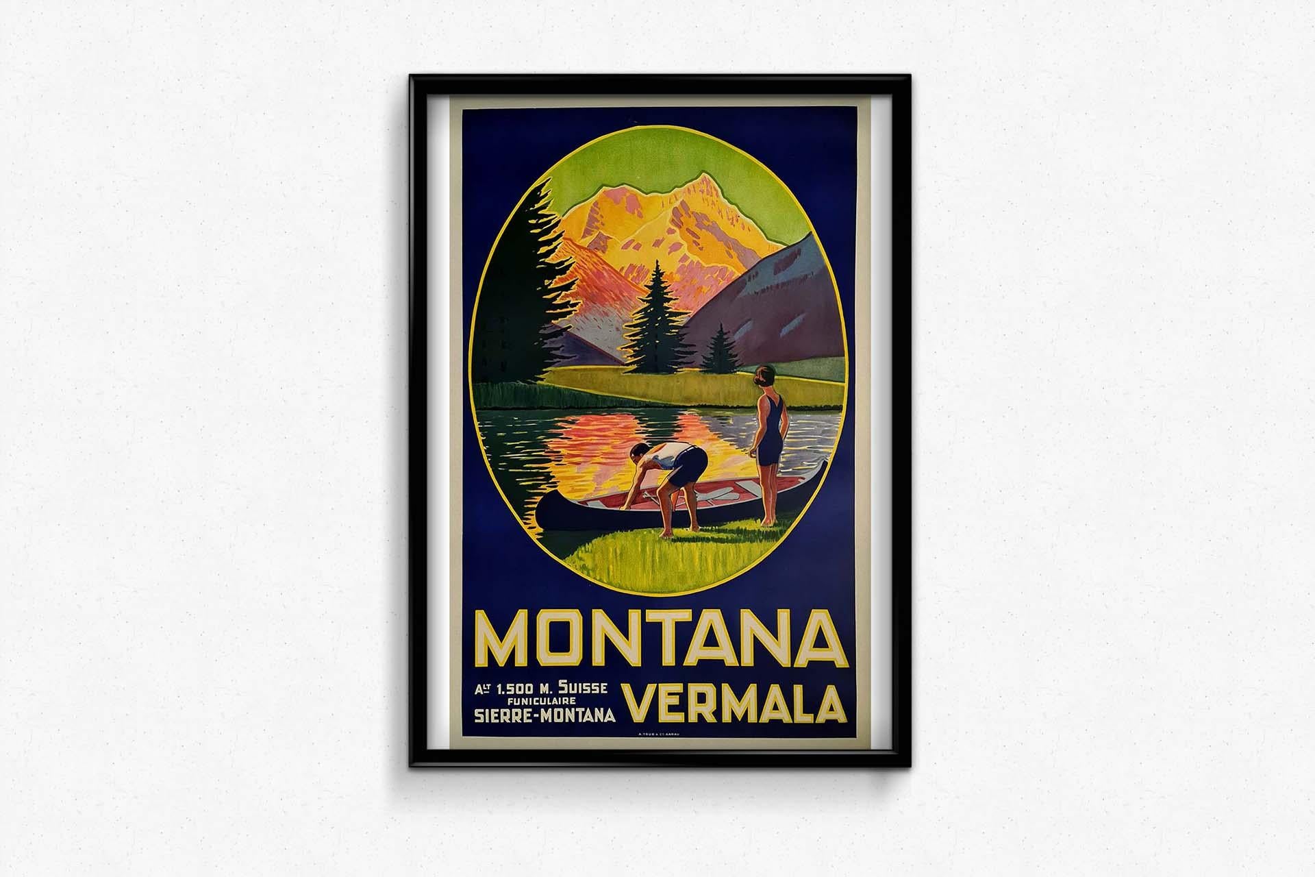 Muy bonito cartel turístico para la región suiza de Montana Vermala, obra de Maurice Freundler. Montana es un antiguo municipio del distrito de Sierre, en el cantón de Valais, Suiza.

Alt. 1500 m. Funicular Sierre Montana

Impreso por : A. Trub &