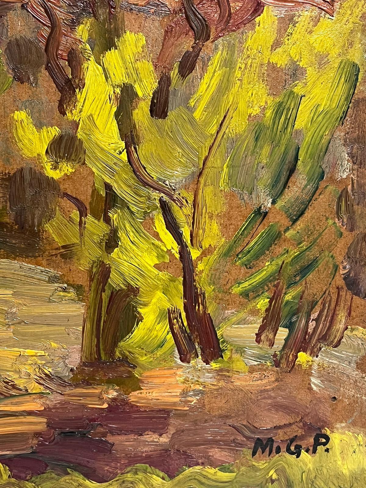 Pintura al óleo impresionista francesa de 1900 Camino del bosque con luz moteada - Painting de Maurice Georges Poncelet