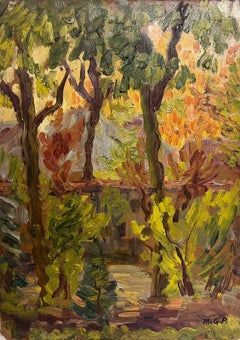 1900's Französisch Impressionist Ölgemälde Dappled Light Woodland Pathway