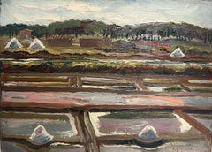 Bauernhöfe in Landschaft, signiertes Ölgemälde des französischen Impressionismus, 1900er Jahre