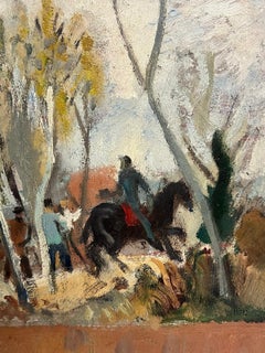 Antique Horse & Riders in Woodland 1900's French Impressionist Oil Painting