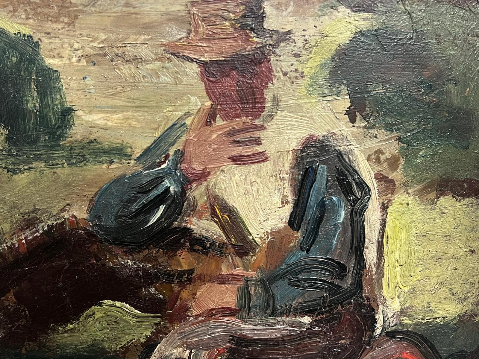 Man in Hat Seated on Ground Stylish 1920's French Impressionist Oil Painting For Sale 1