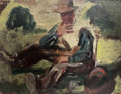 Man in Hat Seated on Ground Stylish 1920's French Impressionist Oil Painting